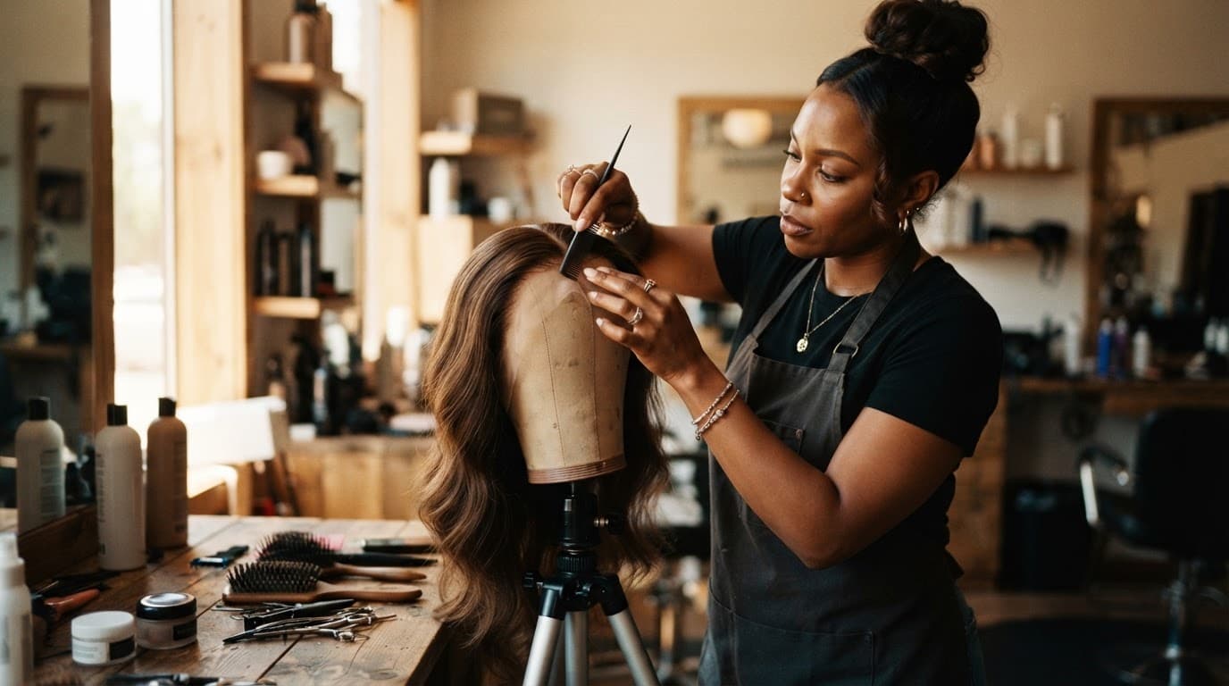 A hairstylist installs a lace front wig on a styling head in a bright studio.
