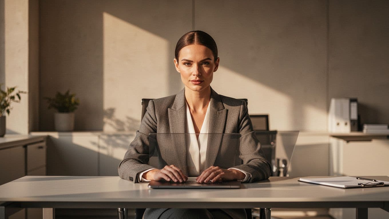 Professional woman with sleek hair working at a minimalist office desk.