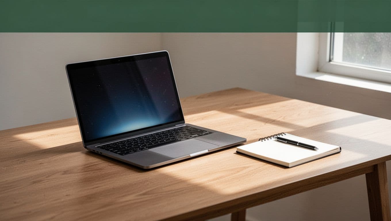 A minimalist wooden desk with a laptop, notepad, and a bold green headline band.