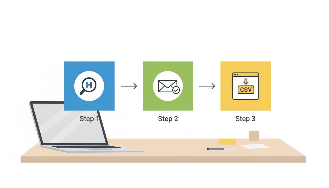Modern illustration of a flowchart depicting prospecting workflow steps using Hunter.io extension icons for email verification and CSV export, shown on an open laptop against a simple desk background with bright lighting.