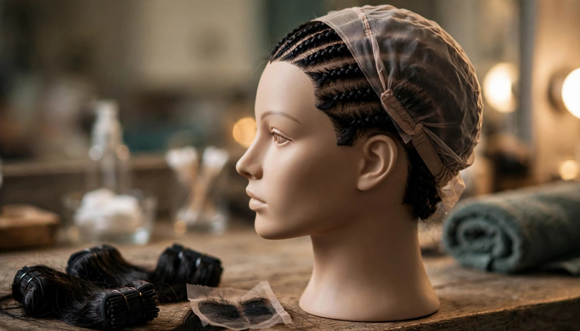 A mannequin head with braided hair and a wig cap, with hair wefts on a wooden table.