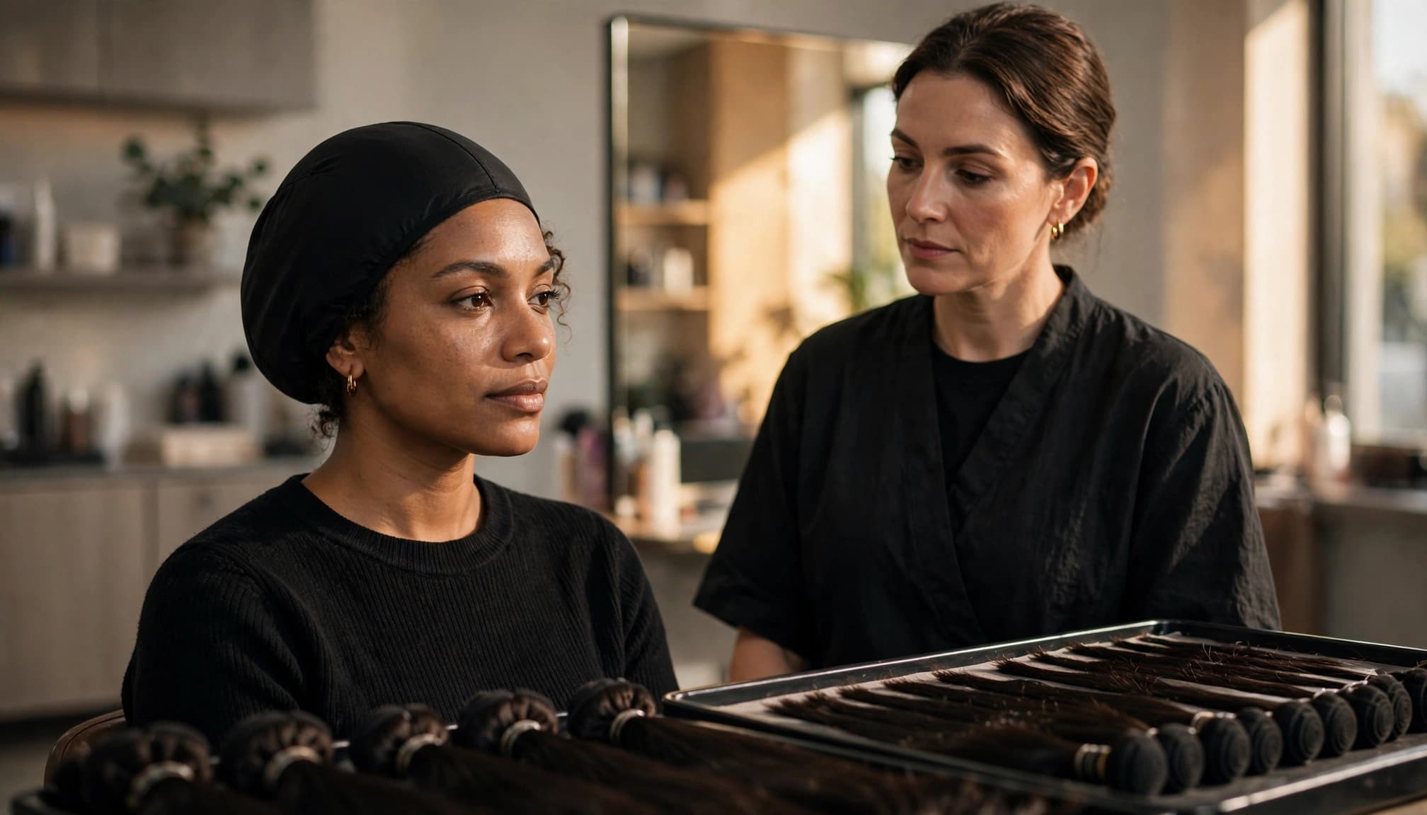 A stylist and seated woman preparing for a hair weave in a salon.