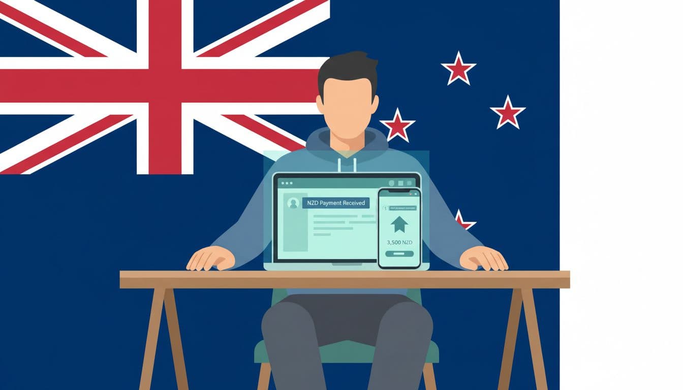 Modern illustration of one person at a desk with laptop and phone showing banking app NZD payment notification, New Zealand flag background, blues and greens palette.