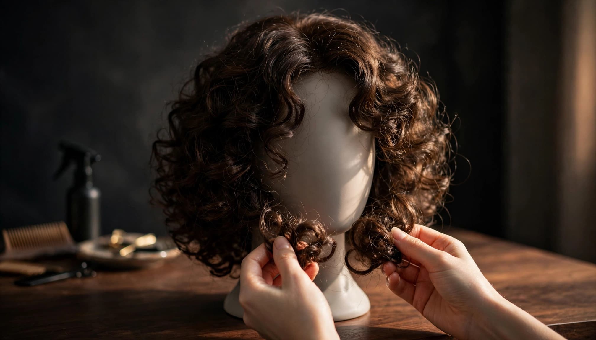 Hands gently reshape curls on a wig displayed on a mannequin head.