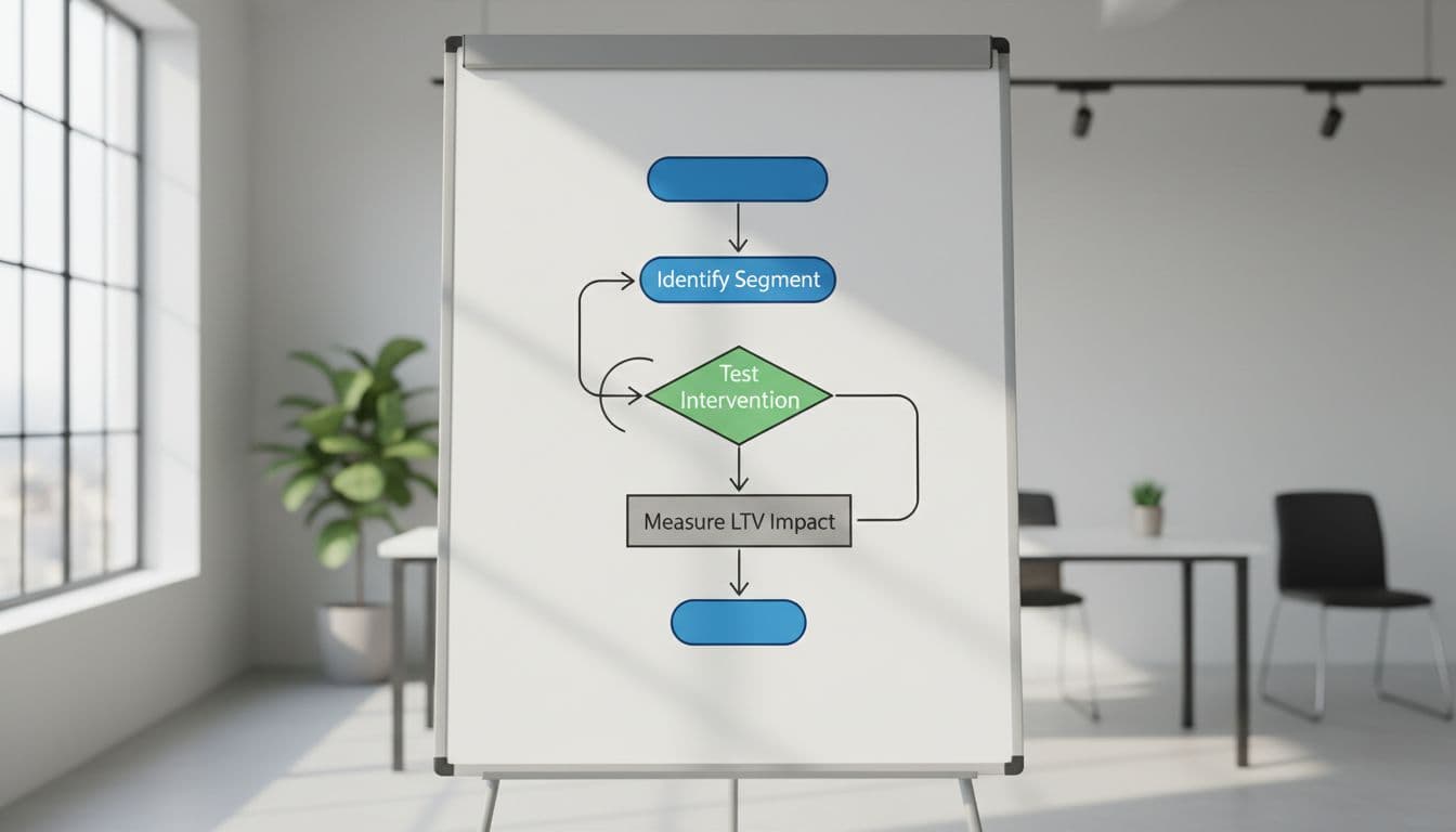 Modern illustration of a flowchart outlining the retention experiment process on a centered whiteboard in a daylight-lit workspace, featuring steps like identify segment, test intervention, and measure LTV impact with clean shapes and controlled colors.