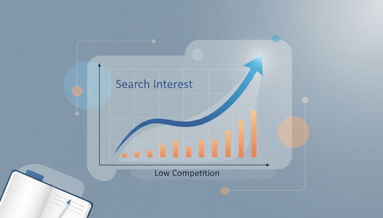 Modern illustration of a rising line graph for search interest in an emerging topic, with small low-competition bars on a simple data chart background and minimal workspace notebook.