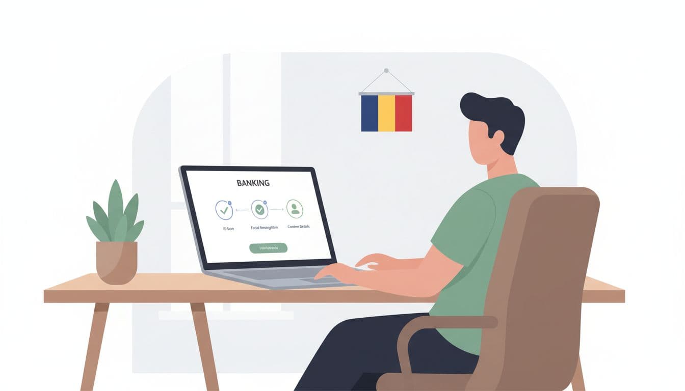 Modern illustration of a person at a desk opening a banking app on a laptop, showing simple verification steps on screen from afar in a clean office with subtle Romanian flag in background.