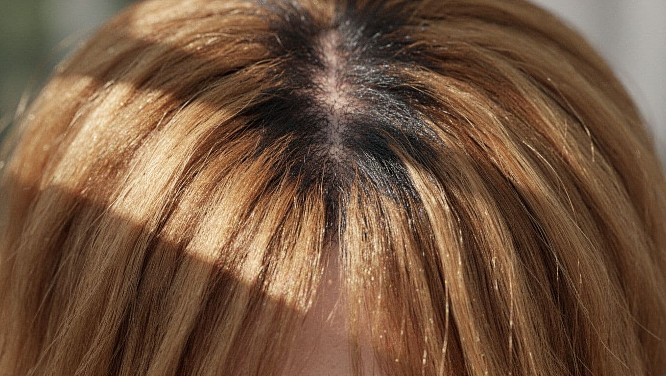 Close-up of wig strands with dark roots and warm caramel highlights.
