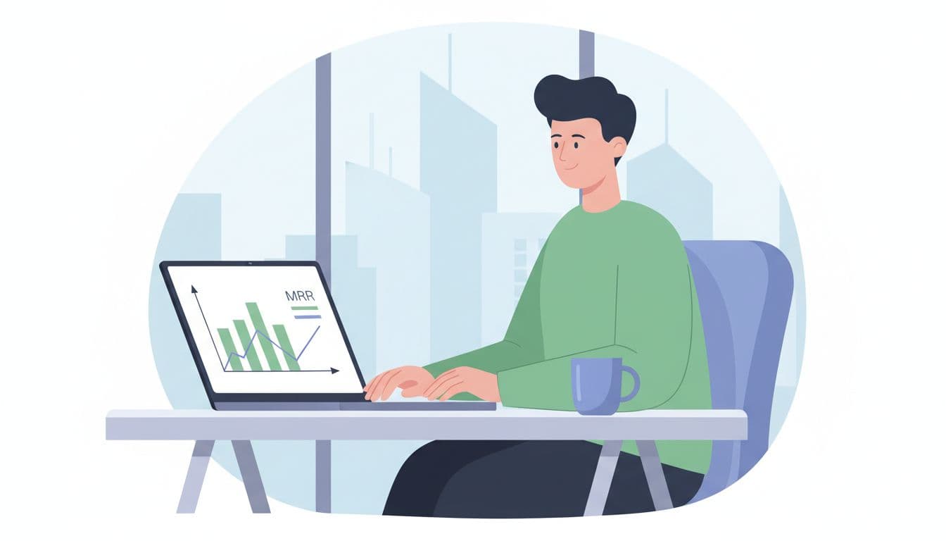 A focused SaaS analyst seated at a modern desk with a laptop displaying simplified revenue charts and MRR graphs, coffee mug nearby, and city view in background, emphasizing calm clarity in a modern illustration style.