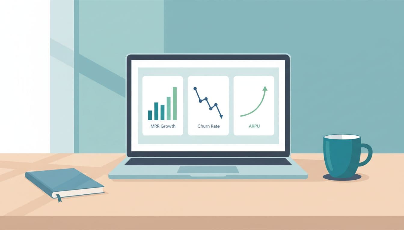 Modern illustration in a clean blue-green palette showing a SaaS analytics dashboard on a laptop screen with simple bar and line charts for MRR growth, churn rate, and ARPU. The laptop is centered on a wooden desk with a notebook and coffee mug beside it, under natural lighting.
