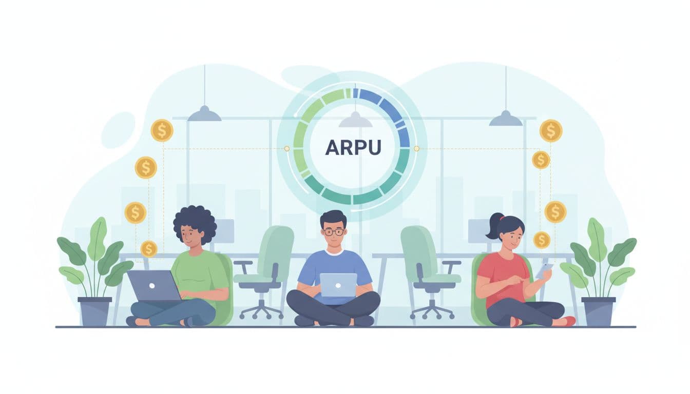 Illustration of three SaaS customers using laptops and phones with revenue dollar icons rising toward a glowing central ARPU gauge in a modern office background with plants, clean shapes, and soft blue-green palette.