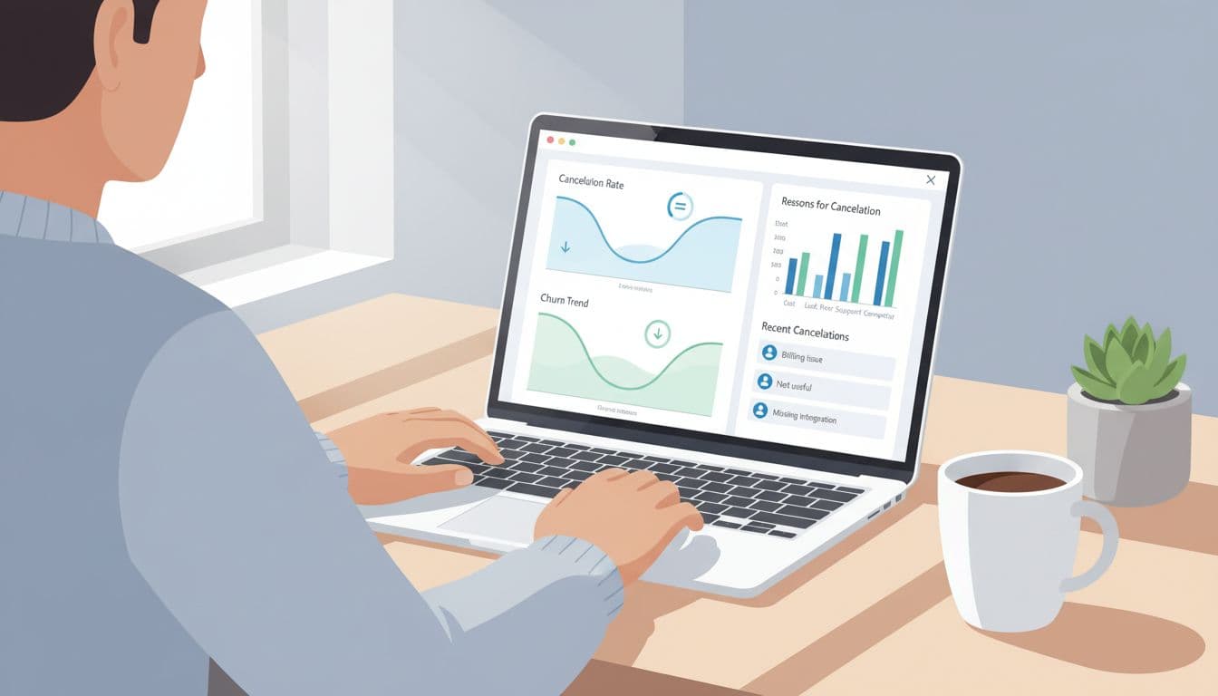 Modern illustration of a SaaS dashboard on a laptop screen displaying cancellation metrics graphs and reasons list, set on a clean desk with coffee mug, one person reviewing data in soft natural lighting.
