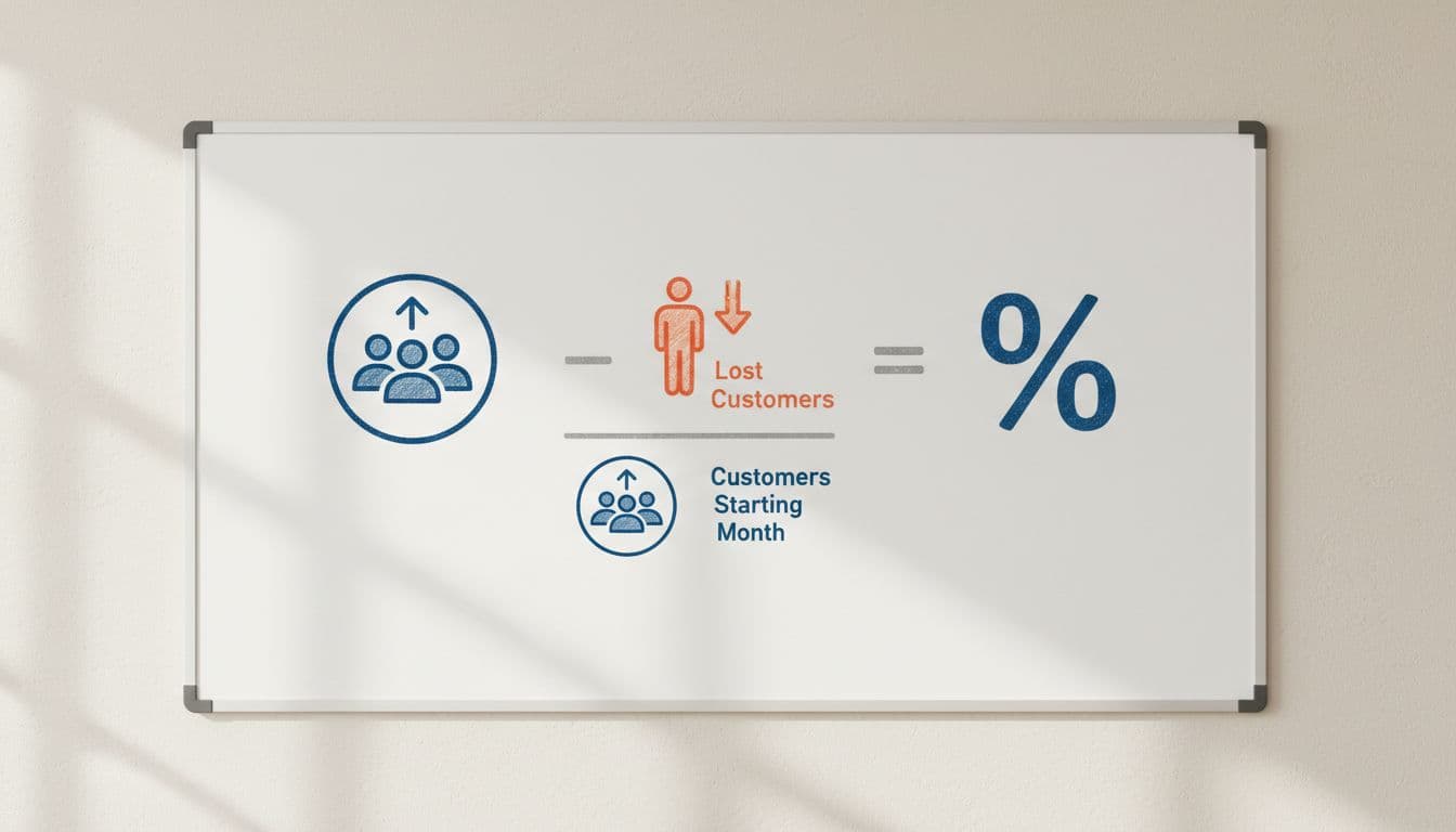 Modern illustration featuring a simple visual representation of the SaaS churn rate formula with chalk-like icons for customers starting month, ending month, and lost customers, arranged in a formula layout on a single whiteboard in a casual office under natural daylight.