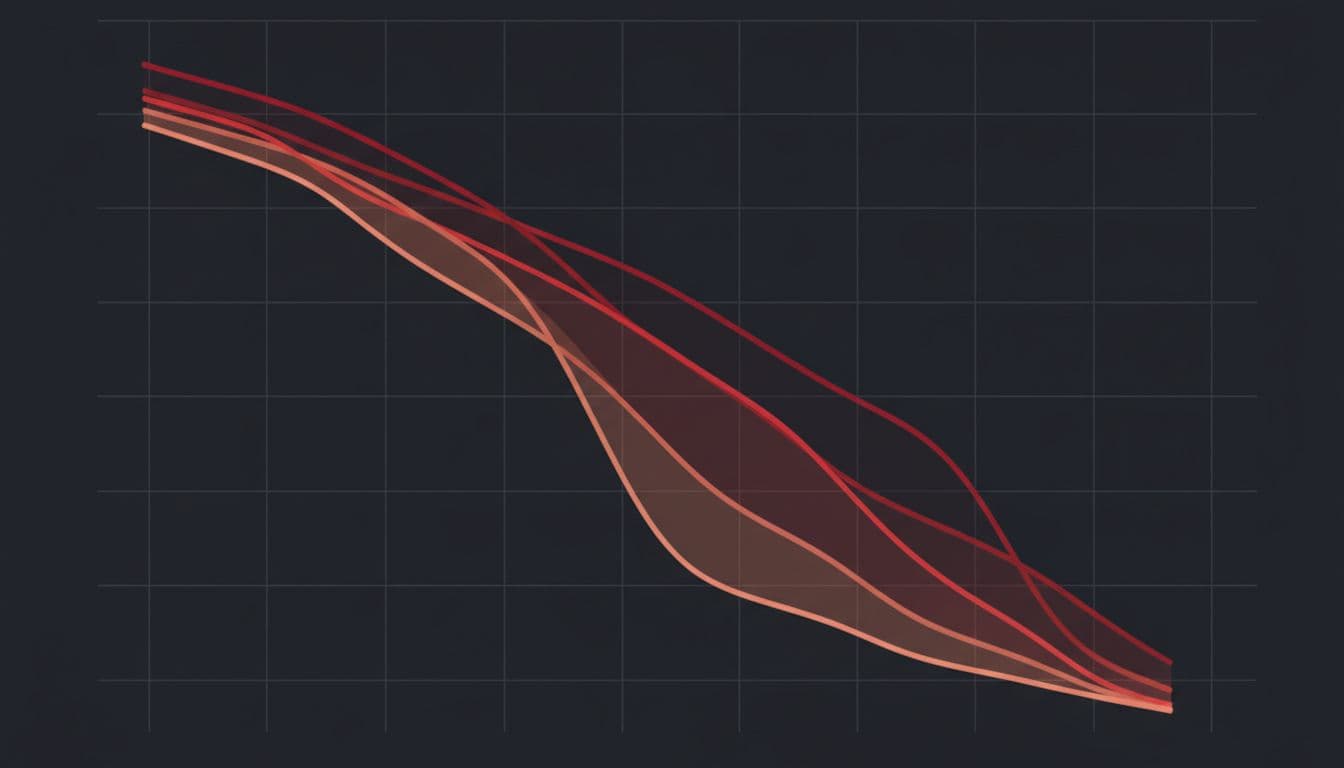 Modern illustration depicting weak retention and churn in revenue cohorts with downward dropping lines on a graph in fading red tones, styled like a SaaS metrics dashboard.