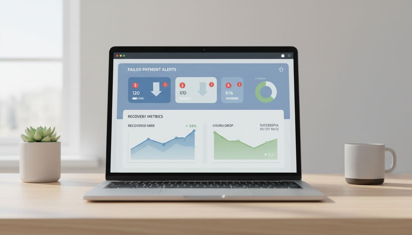 Modern illustration of a SaaS dashboard on a laptop displaying failed payment alerts, recovered MRR charts, and churn drop metrics in a clean desk setup with soft blues and greens.