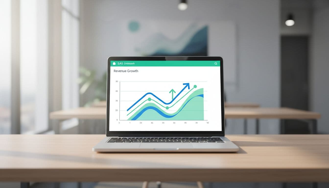 Modern illustration of a SaaS dashboard on a laptop screen showing revenue growth charts with upward arrows, in a minimalist style on a clean office desk with soft natural lighting.