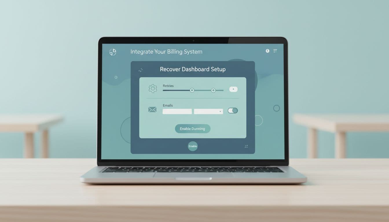 Modern illustration of a SaaS dashboard configuring dunning management settings on a laptop screen, featuring sections for retries, emails, and an enable button with clean shapes and a blue-green palette.