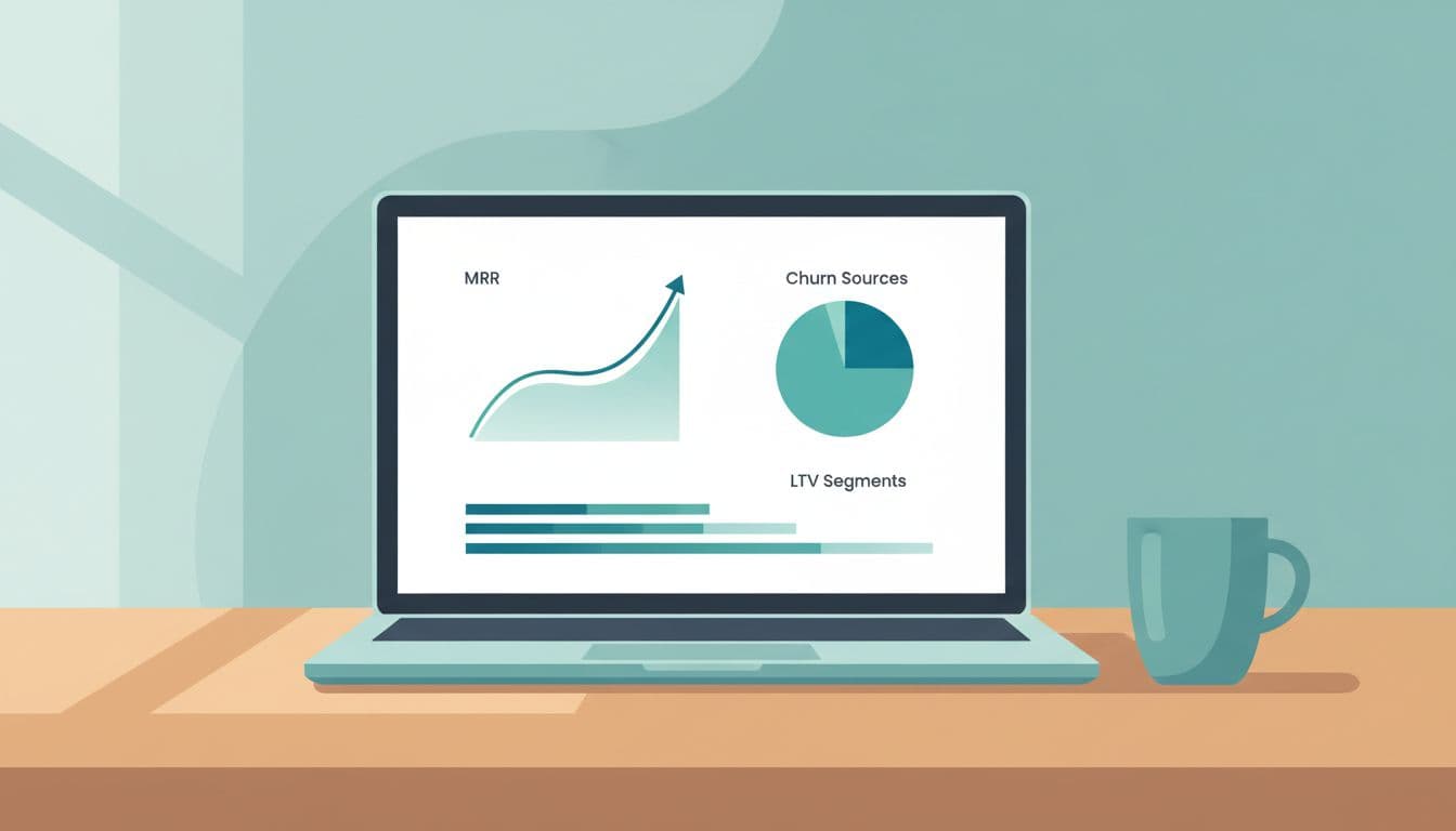 Modern illustration of a SaaS financial dashboard on an open laptop on a wooden desk with a coffee mug, featuring rising MRR line graph, churn sources pie chart, and LTV segments bar chart in a clean blue-green palette.