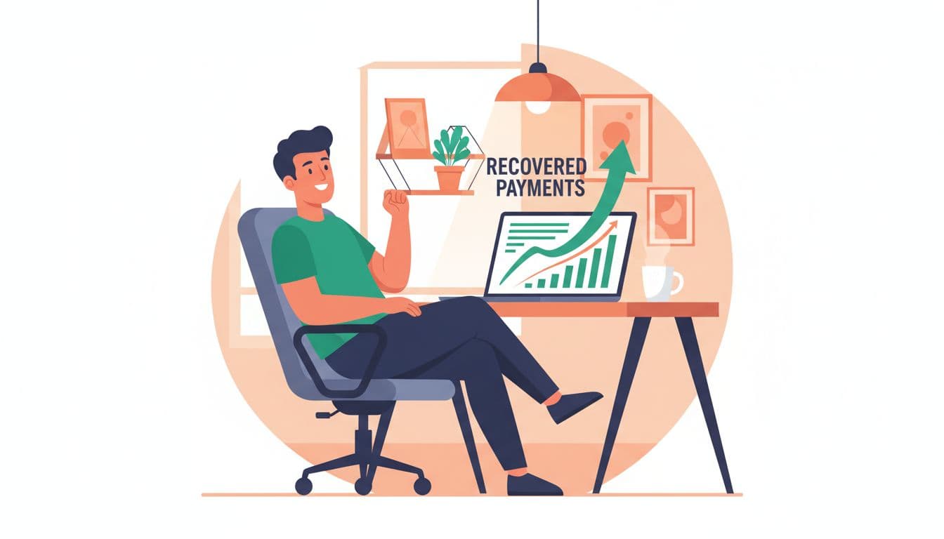 Modern illustration of a relaxed SaaS founder at a home office desk reviewing revenue charts with upward arrows for recovered payments, featuring a laptop, coffee mug, and warm lighting in clean composition.