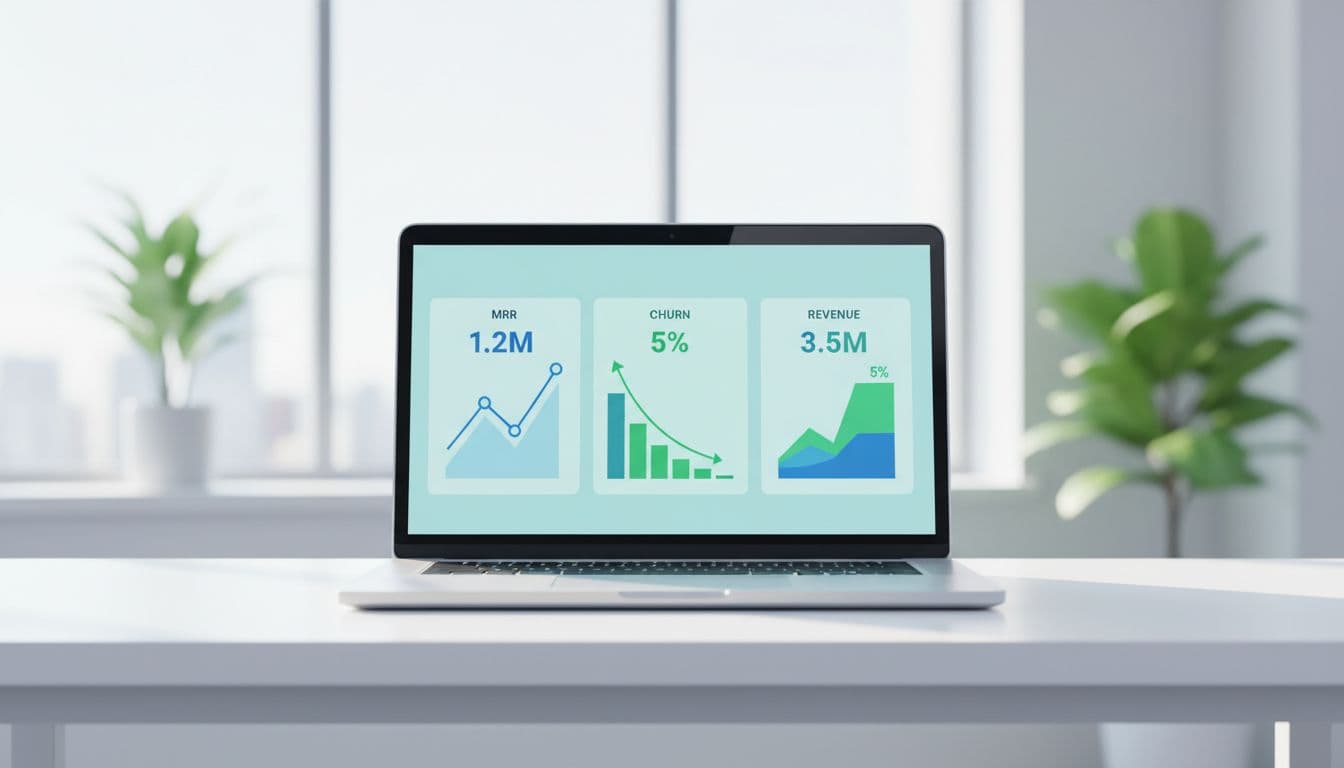 Modern illustration of a clean SaaS metrics dashboard on a laptop screen in a modern office setting, showing charts for MRR, churn, and revenue with simple graphs and numbers.