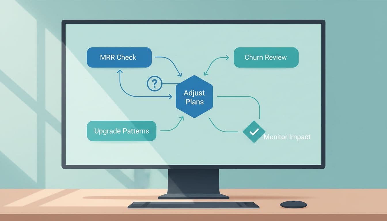Modern illustration of a workflow flowchart for SaaS pricing analysis on a large screen, featuring arrows connecting MRR check, churn review, and upgrade patterns to decision icons. Desk with keyboard nearby, in a clean blue-green palette with strong composition and natural lighting.
