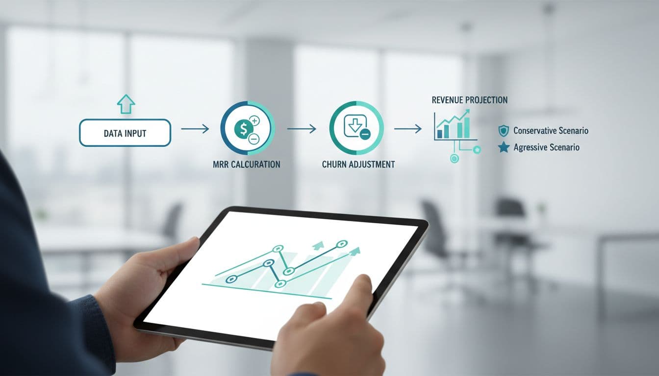 Modern illustration in a clean blue-green palette depicting a step-by-step SaaS financial forecasting workflow on a digital tablet, with icons for data input, MRR calculation, churn adjustment, and branching revenue projection graphs.