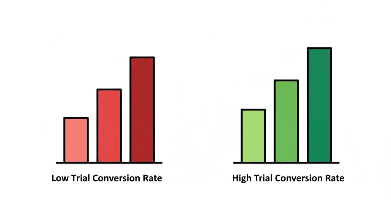 Modern illustration of side-by-side bar graphs comparing low (red) and high (green) trial conversion rates, with clean shapes, strong lines, and upward trend on the right.