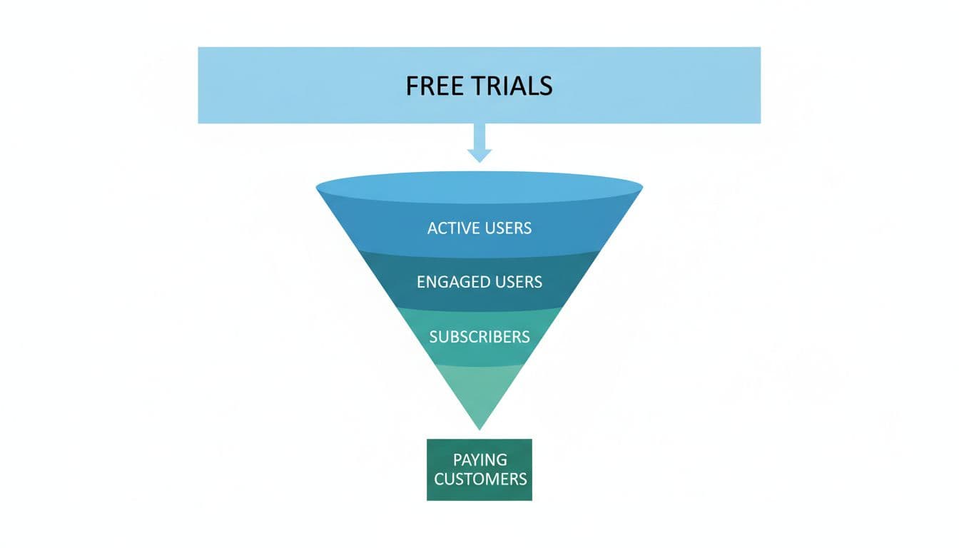 Modern illustration of a SaaS trial to paid conversion funnel using clean simple shapes in blue and green tones. Strong central composition shows the funnel narrowing from trials to customers with consistent modern style.