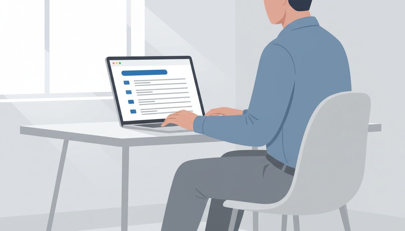 A sales professional sits at a modern desk with a laptop open to Hunter.io domain search results showing emails for a company domain, in a clean modern illustration style with blue and gray colors, focused on the screen and relaxed hands on keyboard.