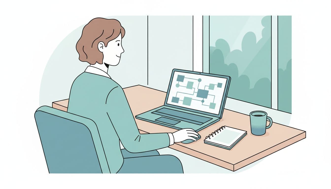 Modern illustration in blue-green palette showing a sales professional at a desk, relaxed pose with hand on mouse, reviewing email pattern results from Hunter.io on an open laptop, notepad and coffee mug nearby, soft office lighting.