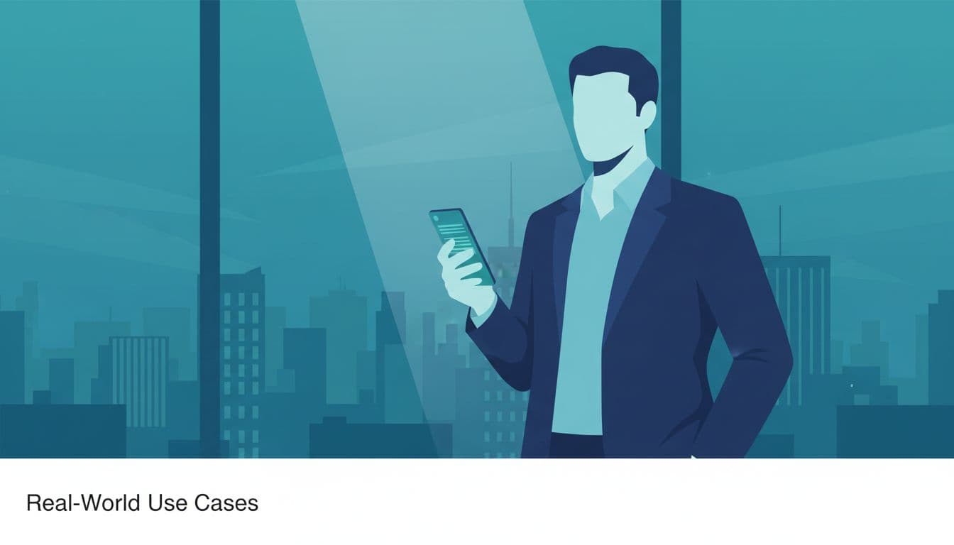 Modern illustration of a confident business person standing in an office with city view, holding a phone to check an email list from domain search during a sales meeting.