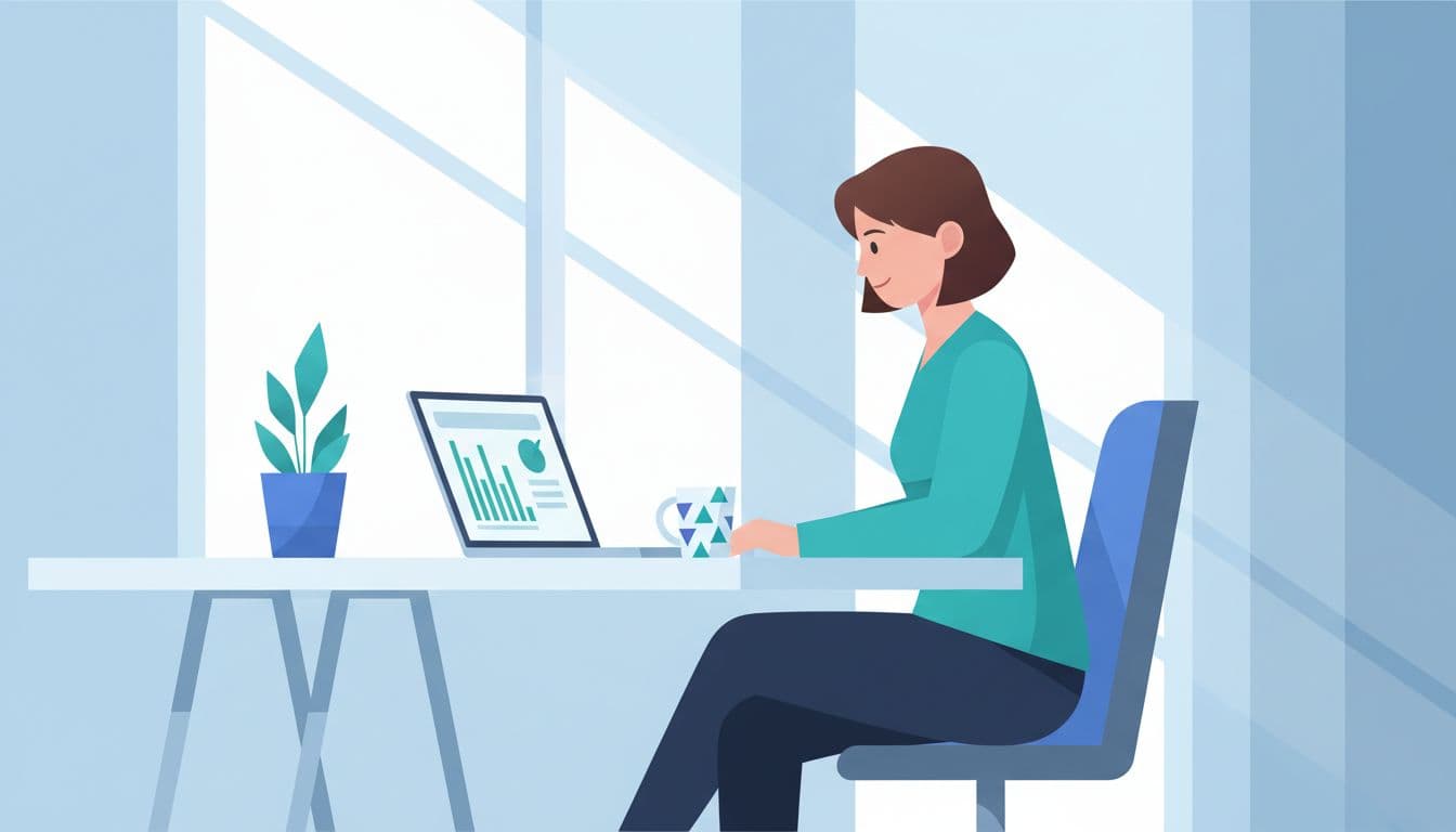 Sales team member in bright office at desk with laptop showing domain email search results at an angle, coffee mug nearby, modern illustration in blue-green palette.