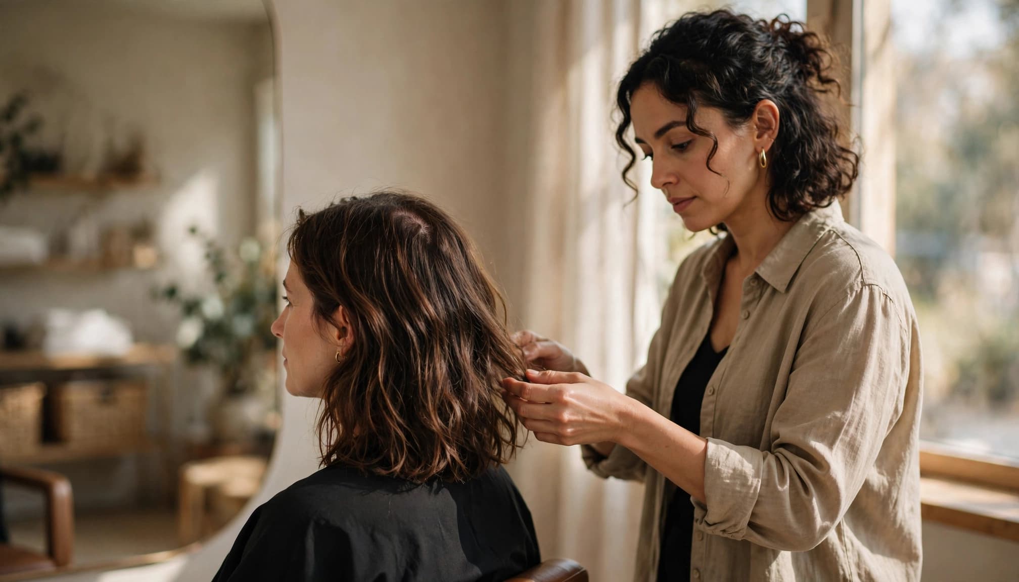 A stylist gently checks a seated woman's shoulder-length hair in a warm salon.