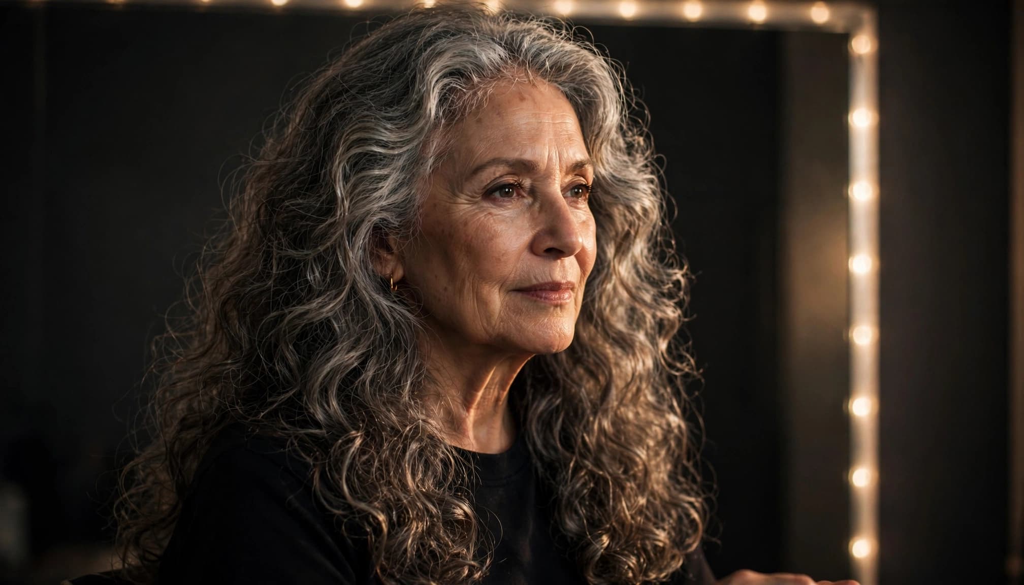 A woman with long salt-and-pepper curls poses beside a softly lit mirror.
