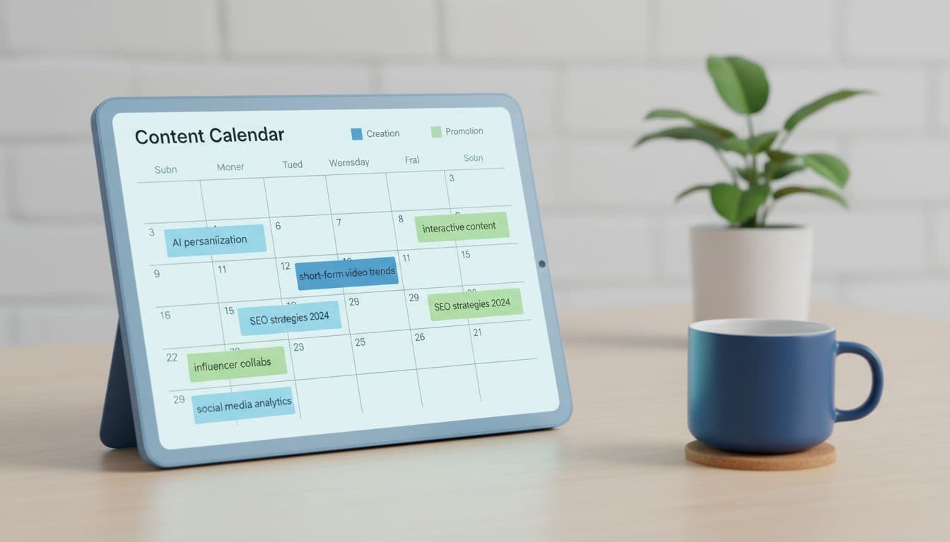 A monthly content calendar grid displayed on a tablet in a digital planner, featuring trend-based topics like AI personalization and short-form video trends, with dates marked and color-coded categories. Set on a desk with a coffee mug nearby, in a modern illustration style using blues and greens.