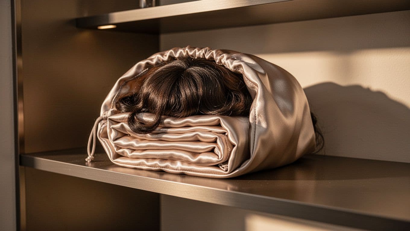 A folded human hair wig sits in a satin bag on a modern shelf.