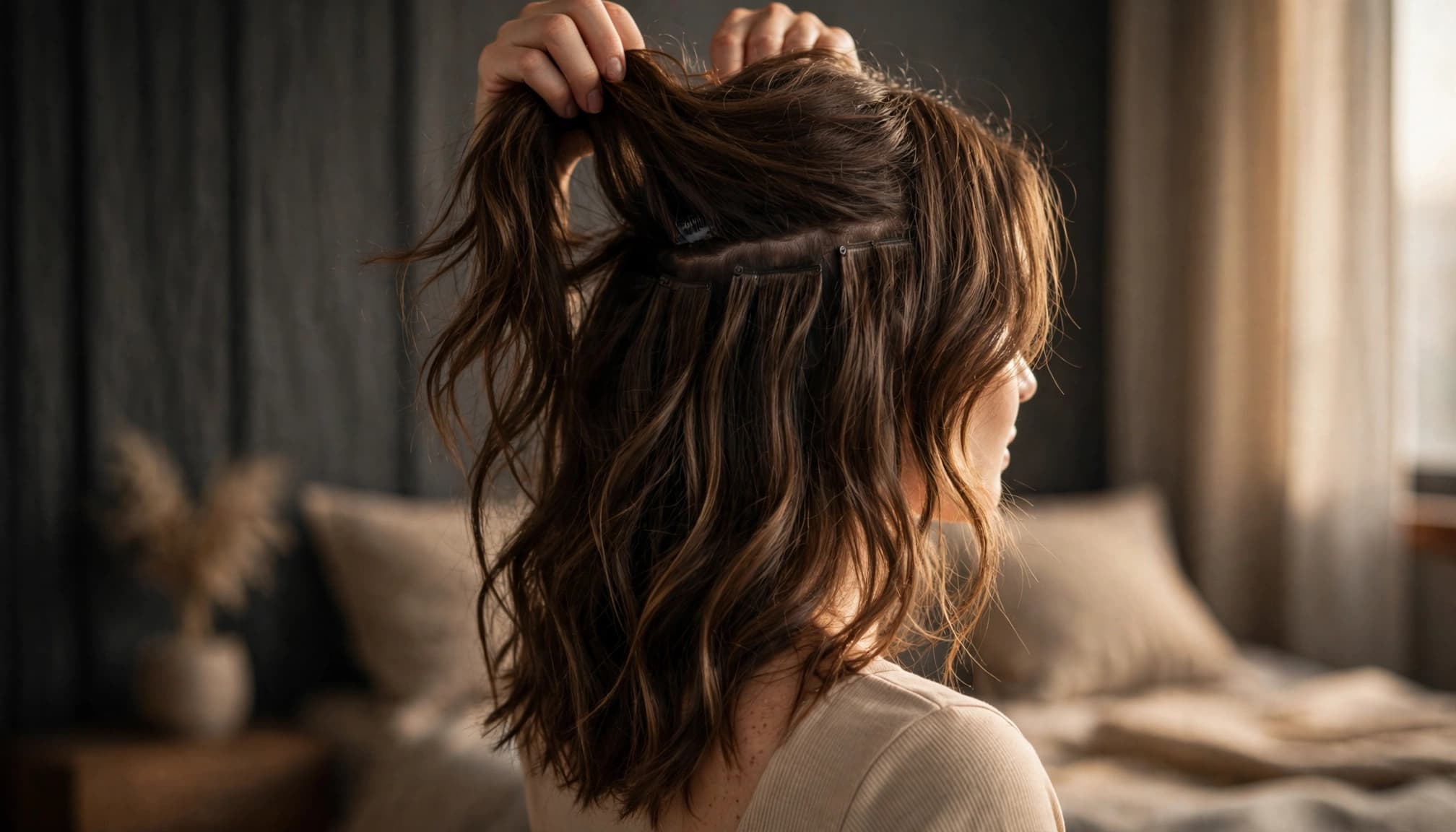 Woman separating wavy brown hair to show a seamless extension blend.