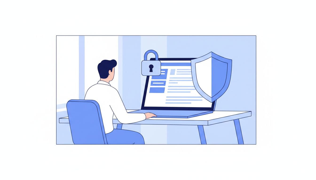 Modern illustration of a professional at a workspace desk using a laptop with security settings protected by lock and shield icons, in a clean blue-white palette with natural lighting.
