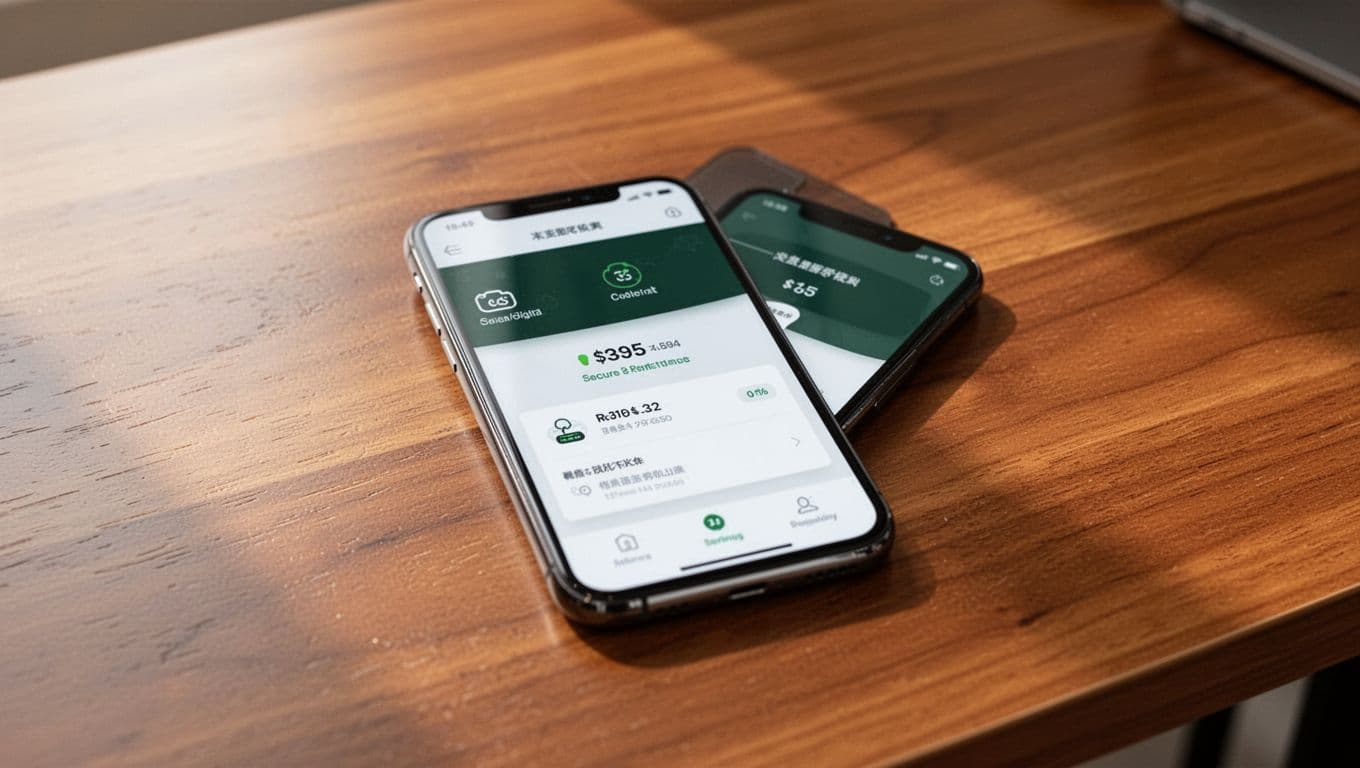A smartphone showing a secure transfer app sits on a wooden desk.