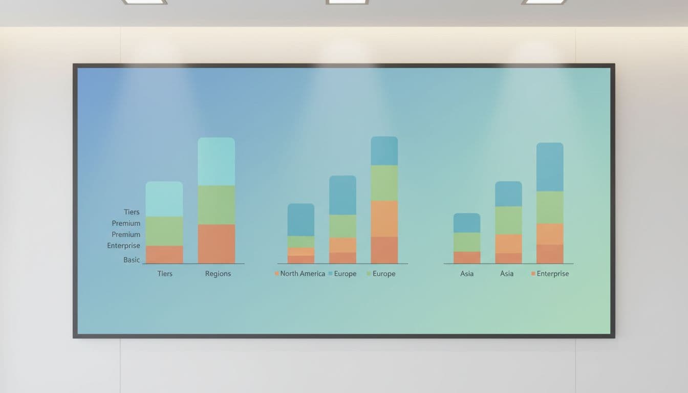 Illustration of segmented ARPU bar charts on a digital wall display in a team meeting room, featuring rising trends for customer tiers and regions with modern clean shapes in a soft blue, green, and orange palette.