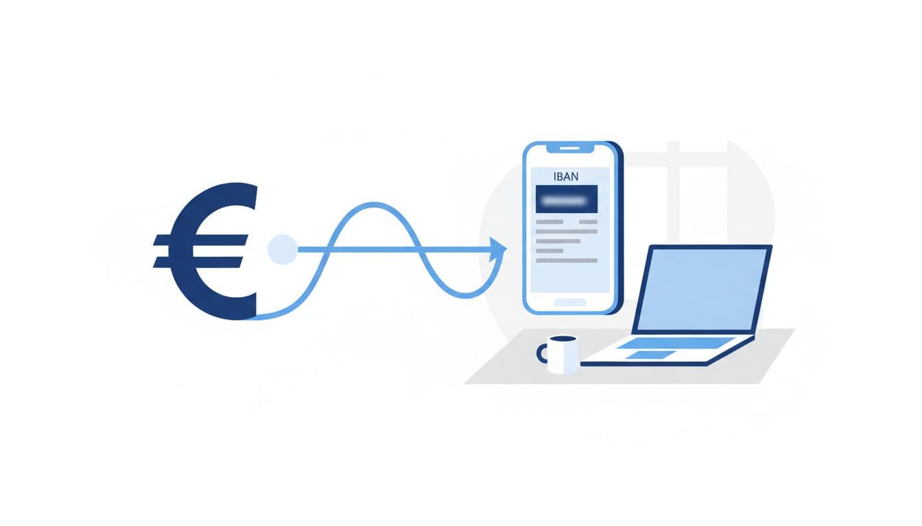 Modern illustration in blues and whites showing a euro symbol flowing into a phone screen with blurred IBAN details for SEPA transfer to Wise account, on a desk with laptop and coffee mug in natural daylight.