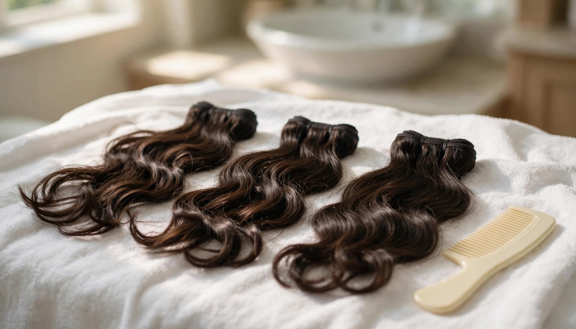Three dark wavy hair bundles arranged beside a comb and white towel.