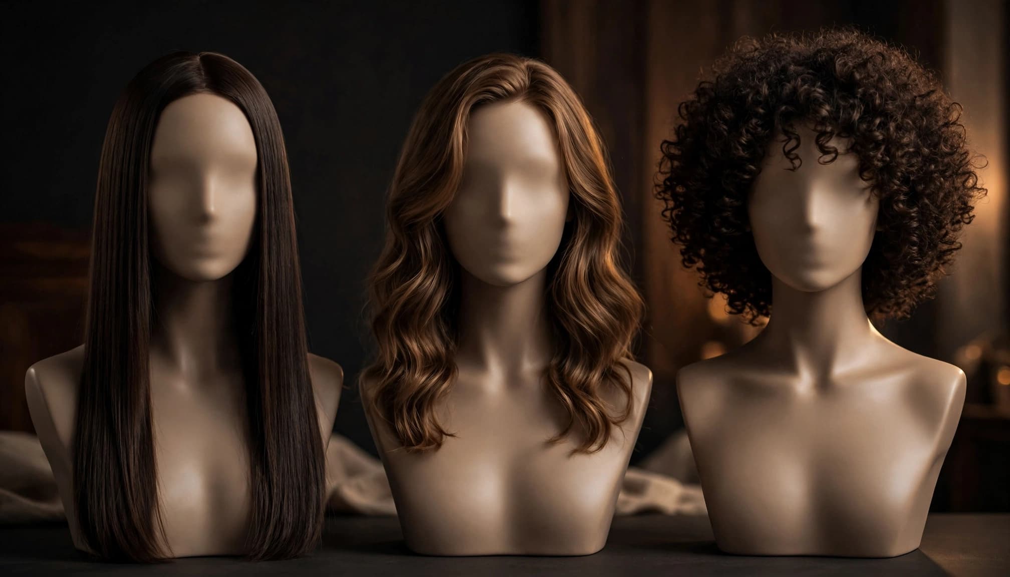 Three mannequin busts show straight, wavy, and curly sew-in hair textures.