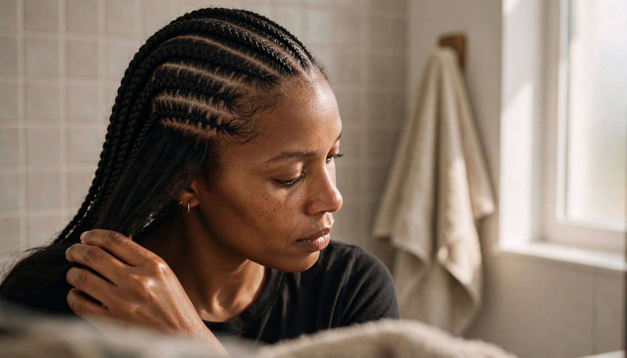 A woman parts her sew-in hair to check the scalp rows in a bright bathroom.