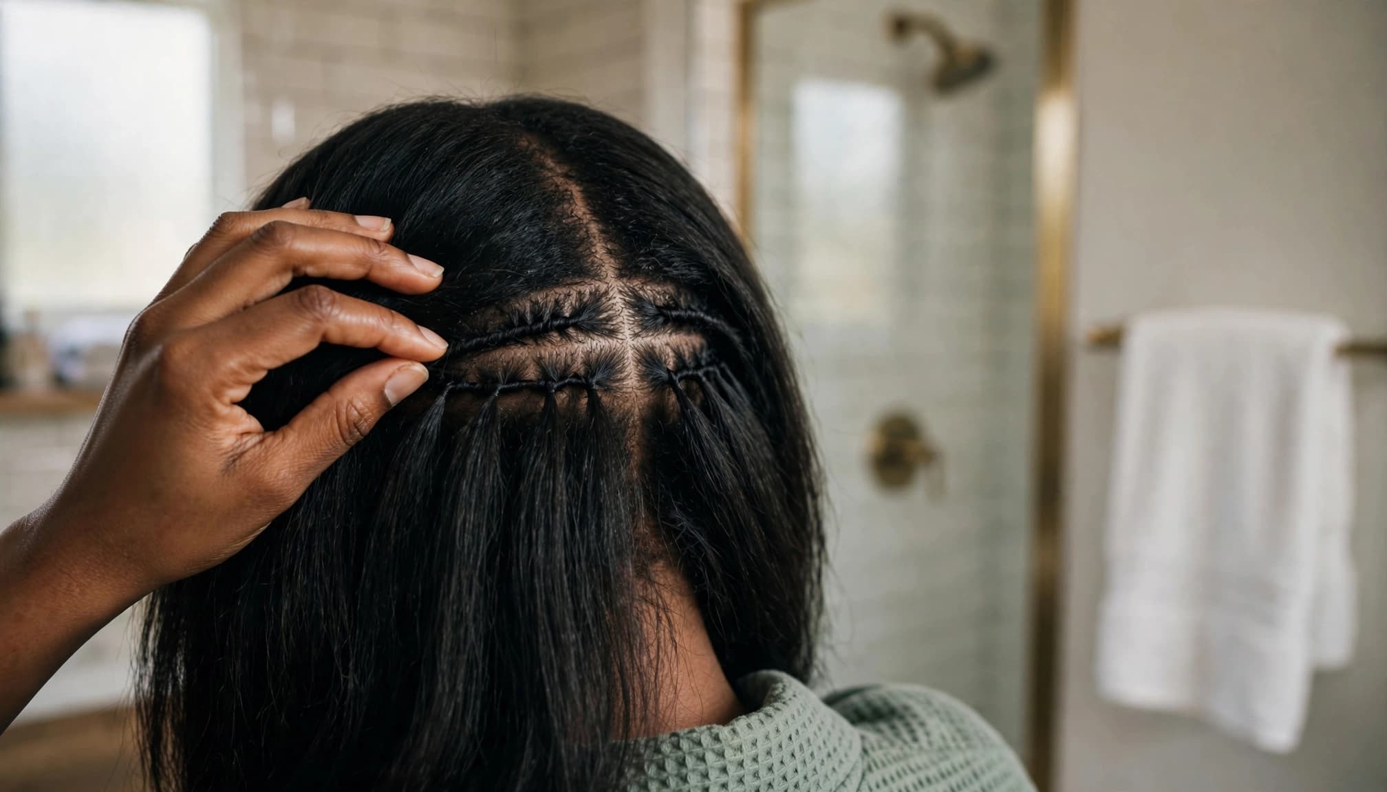 A woman parting her dark hair to show braids and sew-in tracks in a bathroom.