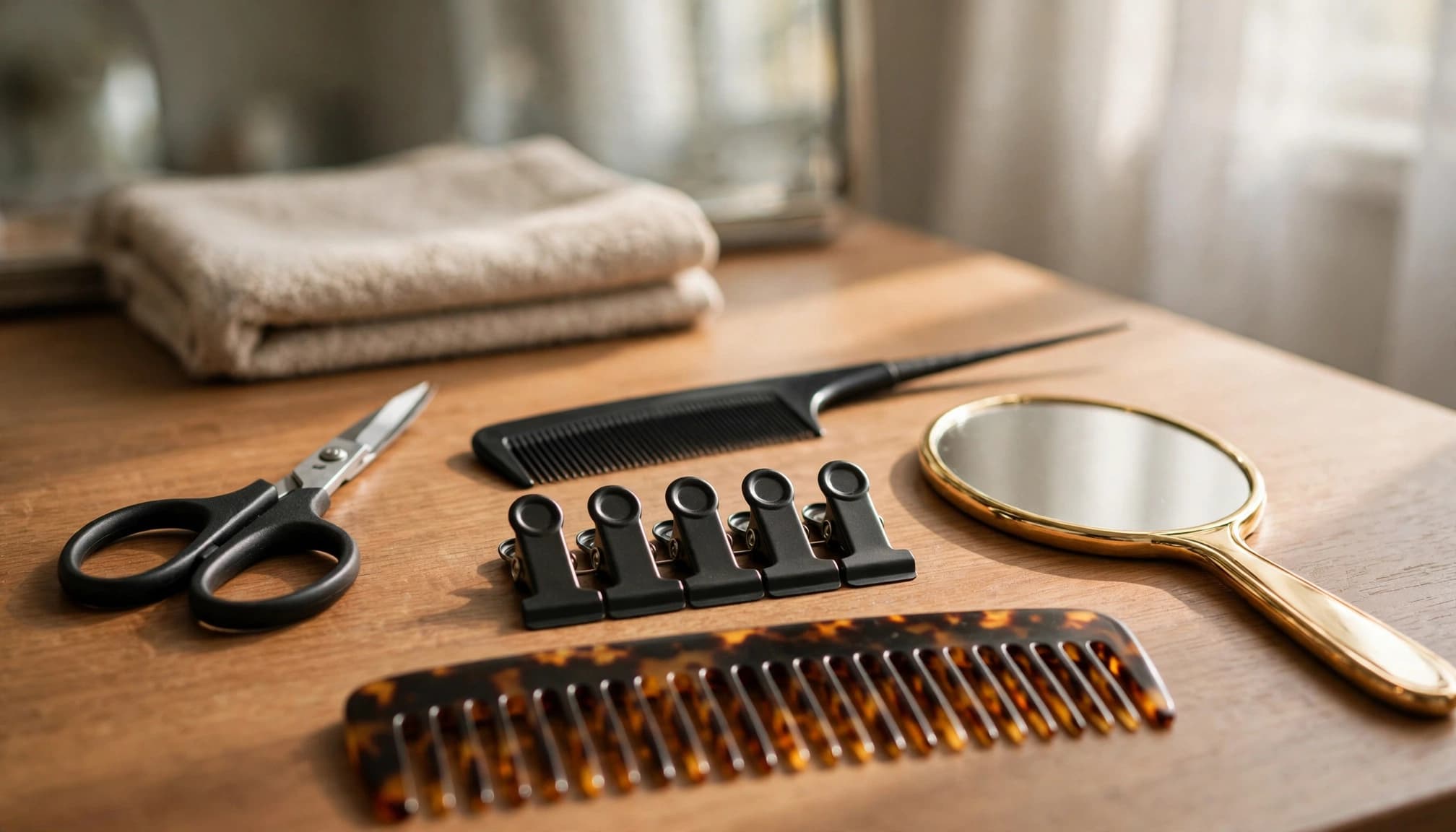 Hair styling tools including scissors, combs, clips, and a mirror are arranged on a wooden vanity.
