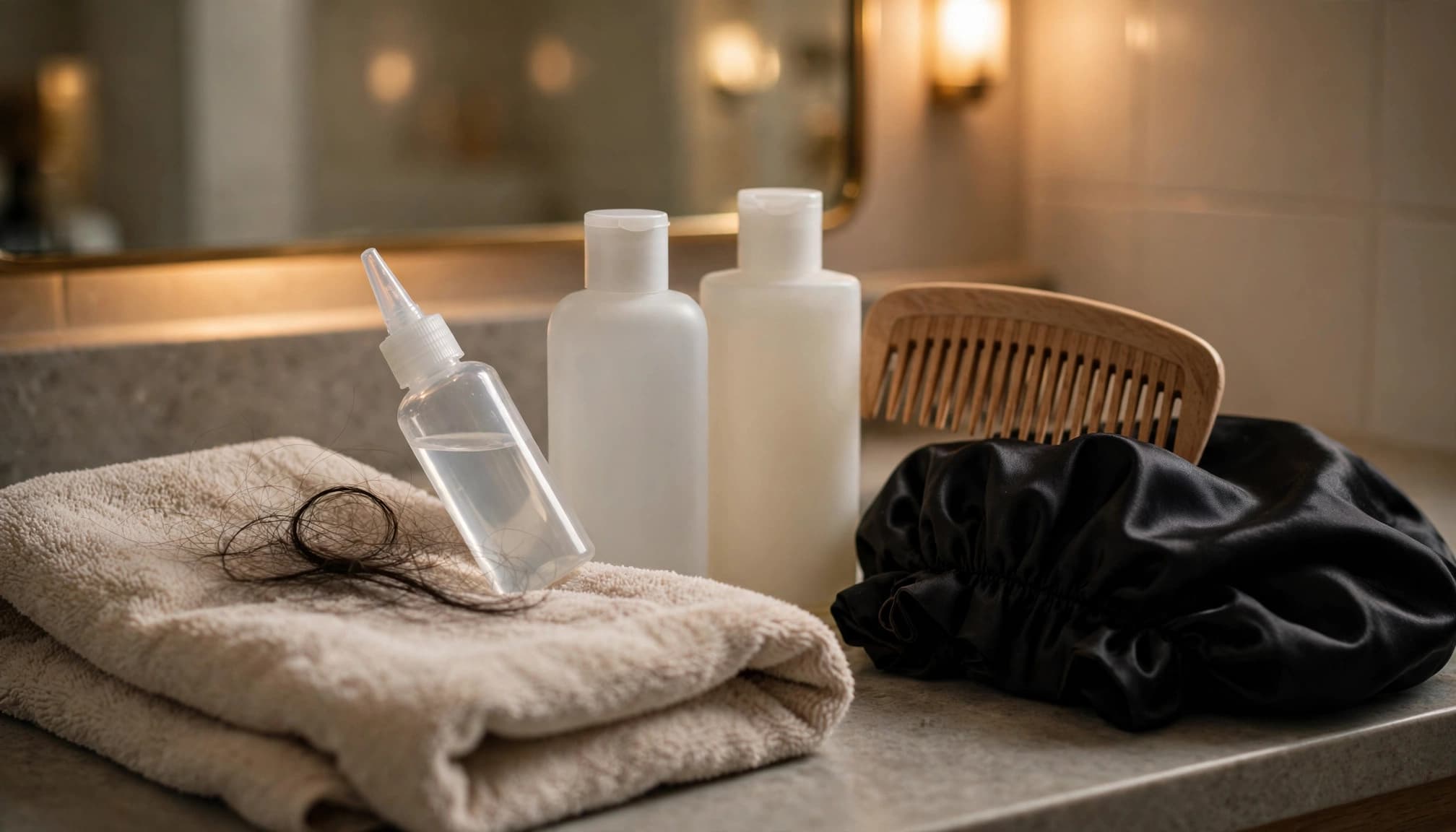A wash-day kit on a bathroom counter with bottles, a comb, a satin bonnet, and a towel.