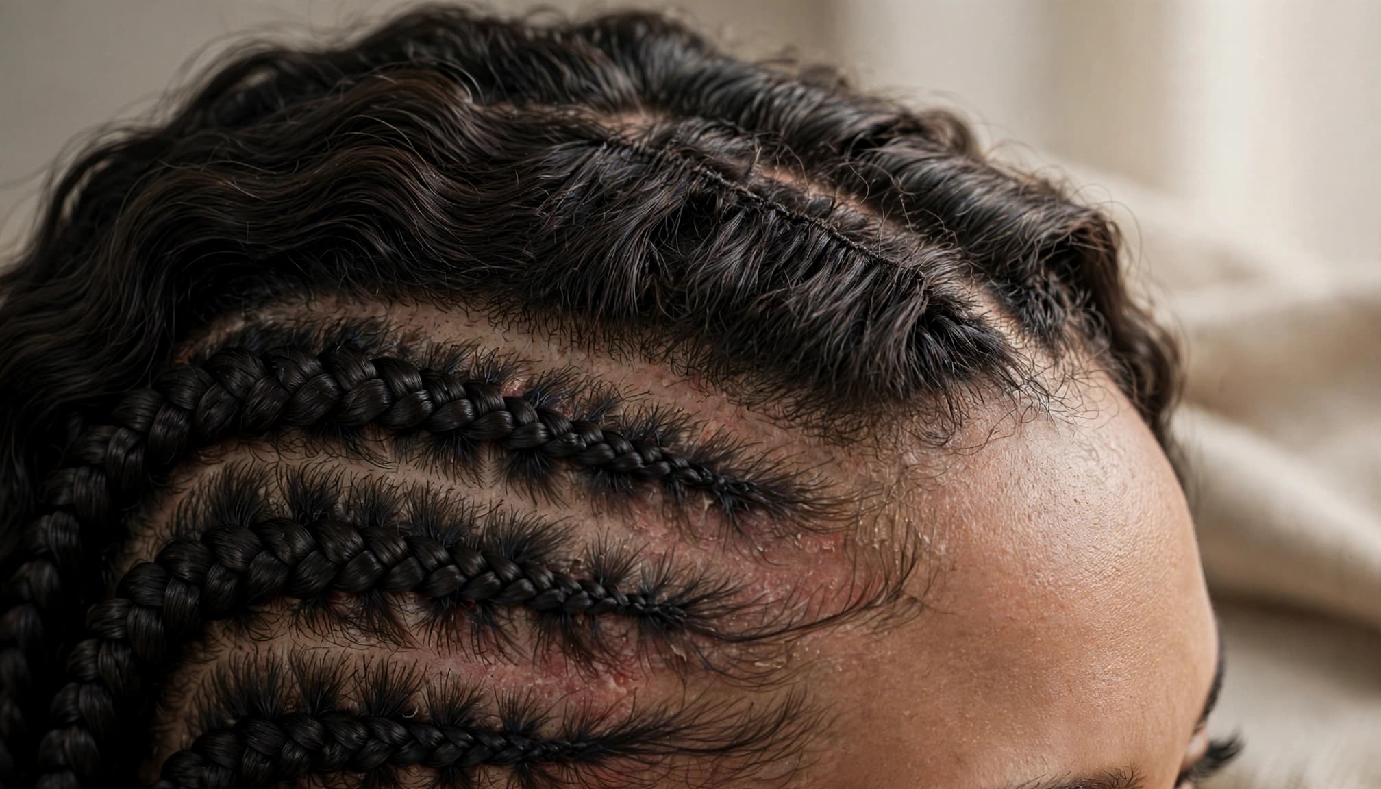 A close-up view of a scalp showing neat cornrow braids beneath a sew-in hair weave.