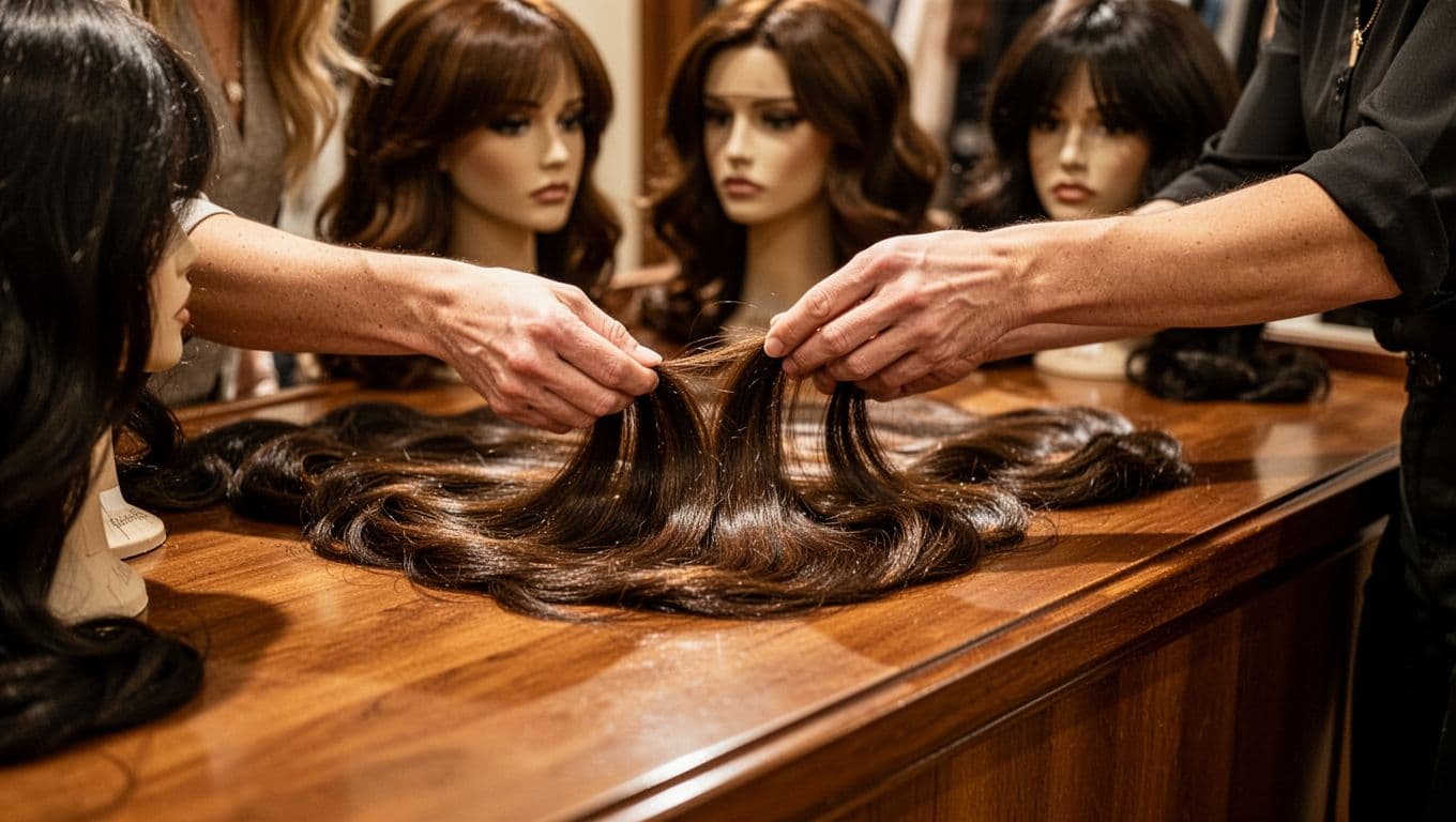 Shopper examining human hair wig strands at a wooden counter.