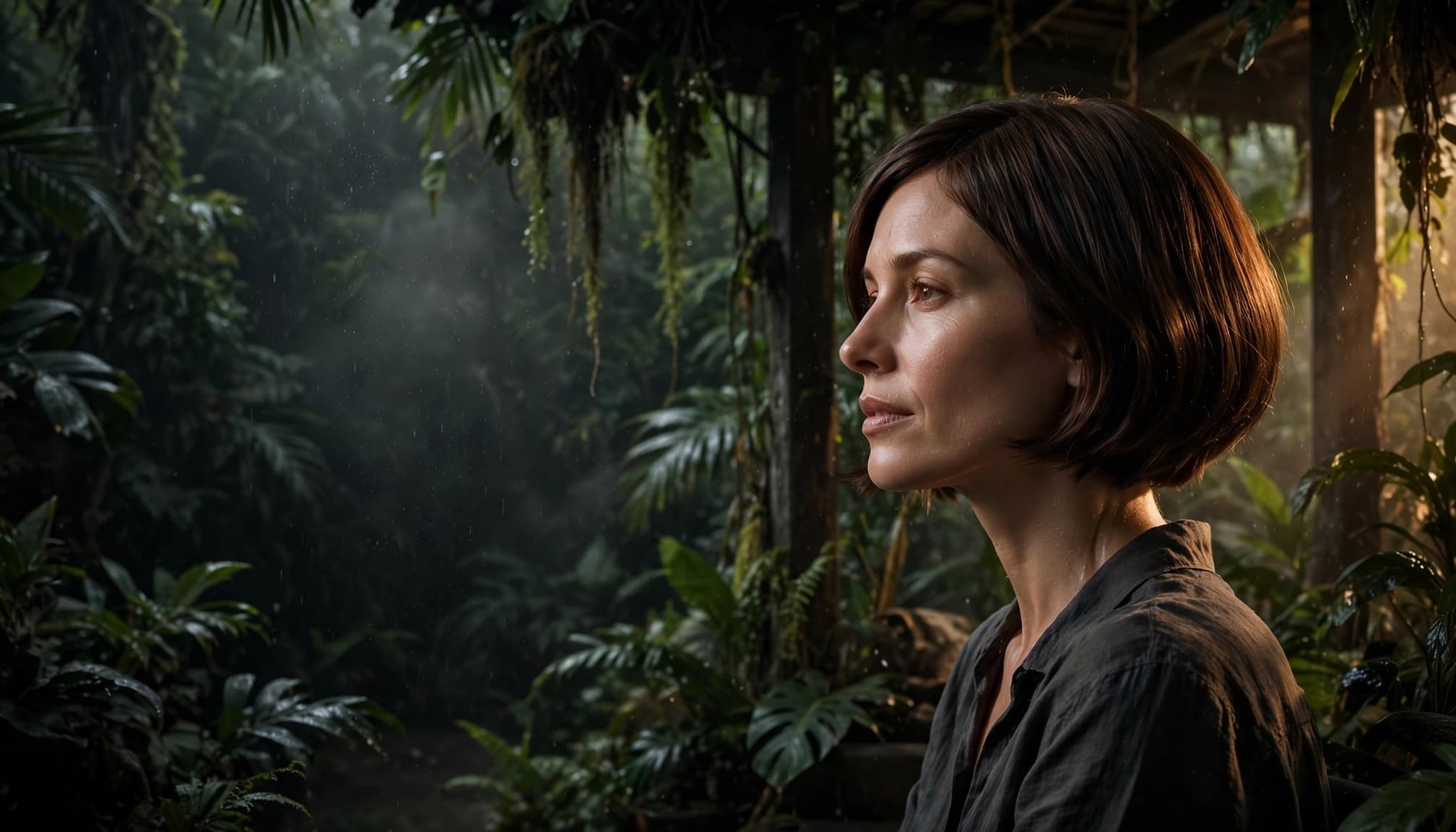 Woman in a short bob wig on a shaded tropical veranda.